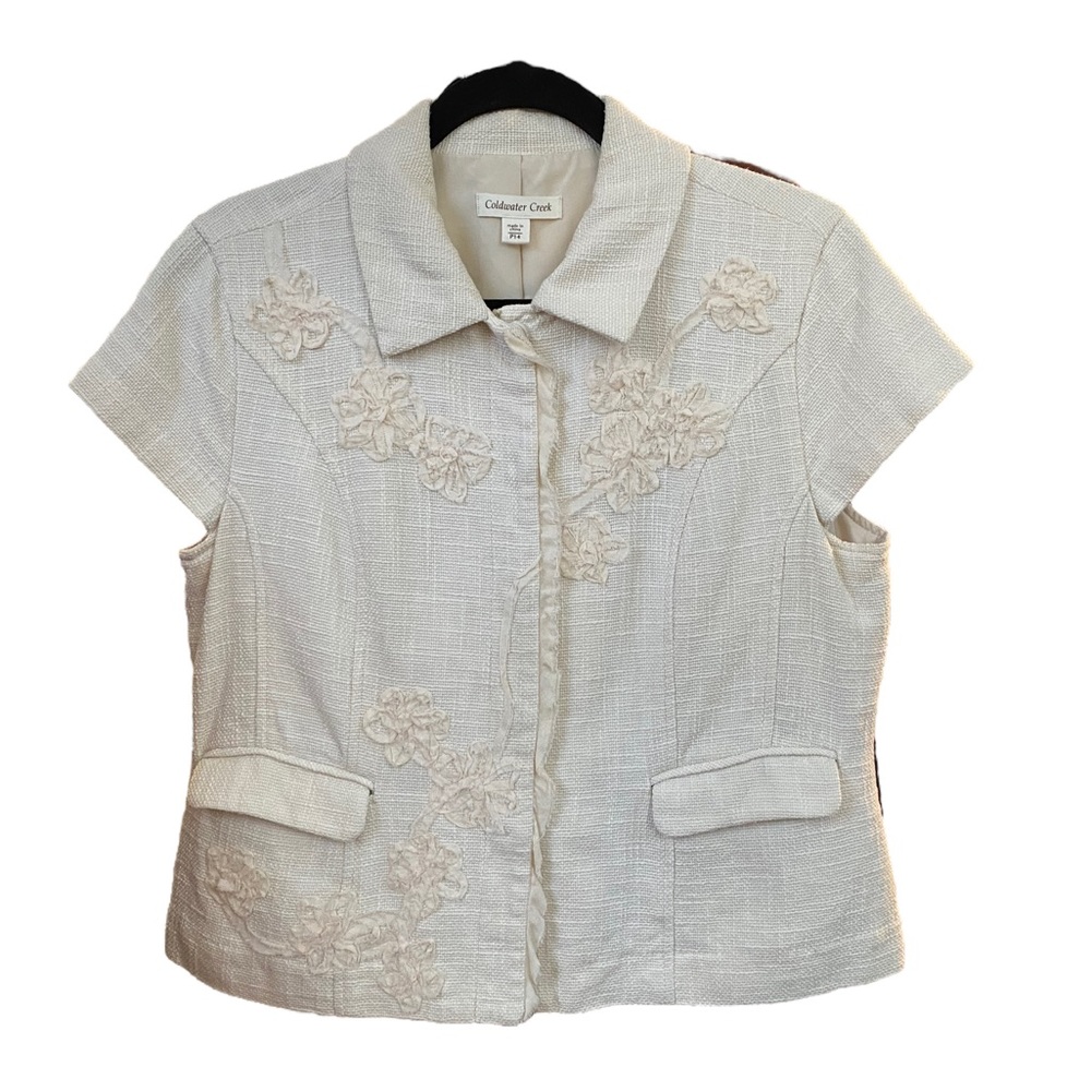 Coldwater Creek Cream and White Embellished Short Sleeve Button Jacket Size 14